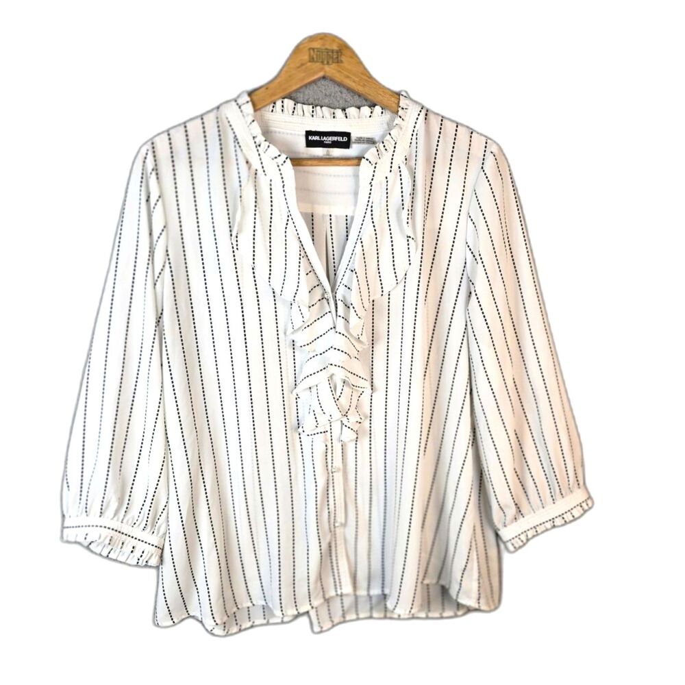 Karl Lagerfeld Paris Blouse White Black XL Ruffle Pearl Button Striped